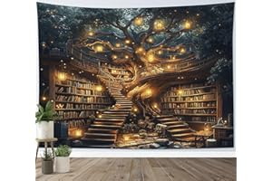 LB Tapisserie Murale Étagère Enchantée Tapisserie Grand arbre bibliothèque vintage Couverture Murales Livres magiques sorciers Tapisseries Decoration pour Maison Salon Chambre Dortoir,150x130cm