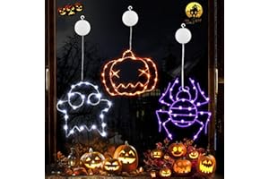 Joomer Luci di Halloween, Confezione da 3 Luci per Finestra di Halloween Zucche Arancioni Ragno Viola Fantasmi Bianchi, 8 Modalità Lampada di Halloween a Batteria per Porte Interne Casa Balcone Feste