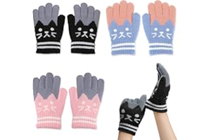 Bekecidi 3 Paires de Gants D'hiver pour Enfants, Gants Tricotés Chauds pour Chat Mignon, Mitaines pour Enfants, Ggants Complets, Gants Extensibles pour Garçons et Filles de 6 à 12 Ans
