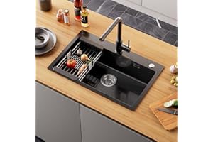 Anycee Lavello in Acciaio Inox Nero, Lavello 70x45 cm con Sgocciolatoio, Lavello Incasso con Sifone e Tubo Troppo Pieno Adatto per Piani Lavoro Larghezza Superiore a 80 cm