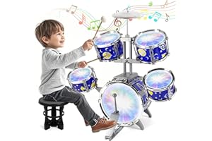 VERDANTREE Kit de Batterie pour Enfants, Batterie Enfant Lumineuse Instrument 5 Tambours avec Tabouret, Instrument de Musique Enfant éDucation PréCoce Cadeau de Noël Jouets pour 3 4 5 6 7 Ans