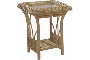 DESSER & CO LTD THE HOME OF RATTAN FURNITURE SINCE 1919 Desser Viola Lamp Table with Storage Shelf – Glass Top Sofa Side Table with Light Oak Wicker Cane Pole Frame – Luxury Natural Rattan Indoor Side Table Sofa Side Table – H57cm x W47cm x D47cm