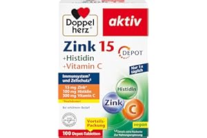 ‎DOPPELHERZ Doppelherz Zink 15 + Histidin + Vitamin C -15 mg Zink als Beitrag für die normale Funktion des Immunsystems und für den Erhalt normaler Haut - 100 vegane Depot-Tabletten