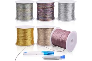 Fizdoqg 6 Rolls Metallic Cord 300 m Gold Thread, Golden Cord Thin Glitter Yarn Silver Thread Silk Threads for Crafts for DIY Crafts Bracelet Jewellery Necklace Making, 0.4 mm x 50 m Roll