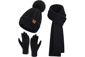 Bequemer Laden Femmes Hiver Chaud Bonnet Pompon Gants Tactiles Longue Echarpe Ensemble Tricot avec Doublure Polaire Cadeaux Noel Femme
