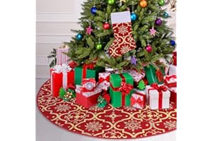 GEEKEO Falda Arbol Navidad 120cm con Medias de Navidad,Grande Alfombra Arbol de Navidad Cubre Pie Arbol Navidad con Copo de Nieve Oro para Decoracion Navidad Arbol, Navidad Casa Decoración(Rojo)