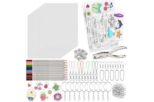 VEGCOO 198 Stück schrumpffolie Set, Schrumpffolie Basteln Einschließlich Schrumpffolien, Buntstifte, Schlüsselbundzubehör, schlüsselanhänger, Locher, Perlenschnur, für DIY halloween