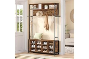 Hzuaneri Garderobenständer mit Schuhbank, Garderobe mit 13 Haken, 14 Offene Fächer, Verstellbare Regalböden, Kleiderständer für Flur, Eingangsbereich, 31 x 108 x 187 cm, Vintagebraun-Schwarz HT17901B