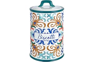Baroni Home Biscottiera Decorata in Ceramica con Coperchio Ermetico, Accessorio da Cucina Colorato Resistente, Linea Capri, 13x13x20 cm