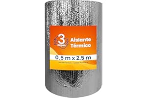 PILBELLES Aislante Térmico Reflexivo de Aluminio y Burbujas Triple Capa 0.5x2.5 m (1.25 m²) | Ventanas, Radiadores, Cajón Persianas, Puertas, Camper, Buhardilla, Uso Industrial, Viviendas