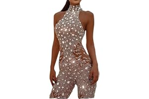 NLAVW Tuta da Donna Sexy con Paillettes Senza Maniche Girocollo Lucido Aderente - Pagliaccetti per Festa Clubwear