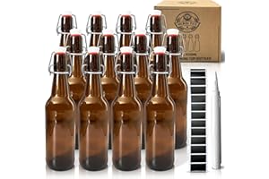 Brewing Mate 12x Brown Glass Bottles 500ml with Swing Top for Home Brewing - Beer, Cider, Kombucha Bottles with Stainless Steel Flip Top - Including Blackboard Labels and White Chalk Pen