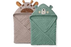 Blissful Diary Muslin Baby Hooded Towel 2 Pack, Soft & Absorbent Bath Towel for Infant, Toddler, Unisex, Baby Gift, Newborn Essentials, Bear & Giraffe