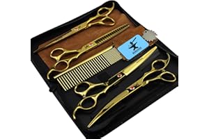 XUANFENG Hematite Juego de tijeras de aseo para mascotas, acero inoxidable de 17,8 cm, con mango curvado y peine de acero para aseo con paño limpio