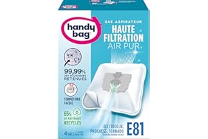 Handy Bag - Sacs aspirateur E81 x4sacs - Compatibles Electrolux, Progress, Tornado et Volta - 99,99% des poussières retenues - Fermeture facile - Filtre anti-allergène - 65% de matériaux recyclés