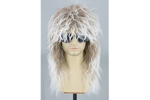 Topcosplay Mullet Wig 70s 80s Rock Retro Wig for Men and Women Long Curly Costume Fancy Dress Halloween Wigs Brown Gradient White