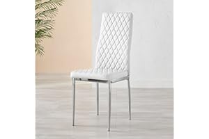 Furniturebox UK Milan Dining Chair - Set of 4 or 6 Dining Chairs - Premium Dining Room Chairs - Contemporary & Luxurious Chrome Hatched Diamond Faux Leather Dining Seats (4x White Chairs)