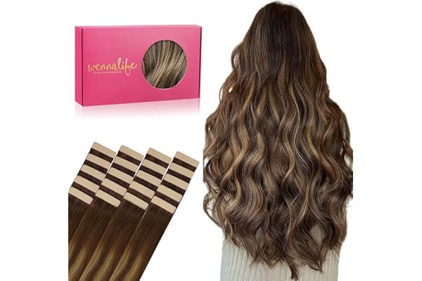 WENNALIFE Extensiones con cinta de pelo real, 20 unidades, 50 g, 50 cm, 50 cm, color marrón chocolate a rubio caramelo Remy Ins