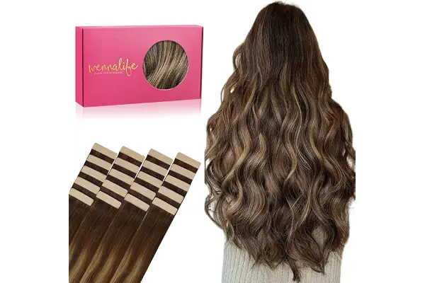 WENNALIFE Extensiones con cinta de pelo real, 20 unidades, 50 g, 50 cm, 50 cm, color marrón chocolate a rubio caramelo Remy Ins