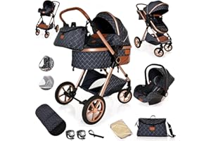 LIBREBON Baby Pram Pushchair Baby Buggy Stroller 3 in 1 Child Lightweight Folding Stroller 3 in 1 Travel System for Newborns & Toddlers 0-36 Months from Birth (Denim Blue)