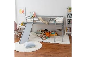 Panana Mid Sleeper Bed with Slide, White Single Bed for Kids 3FT Solid Pine Wood Bunk Bed with Ladder (Grey)