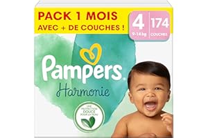 Pampers Couches Harmonie Taille 4 (9-14 kg), 174 Couches Bébé, Pack 1 Mois, 100% d'absorption Pampers & des Ingrédients d'origine végétale, Hypoallergéniques, Maintenant avec Plus de Couches