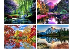 Bimkole 4 Pack 5d Diamond Painting Kit Bricolaje Arte Flores, Lago De Otoño De Primavera Pintura Diamantes Kits Estampados De Punto De Cruz Diamantes de Imitación Decoración de Pared, (30x40 cm)