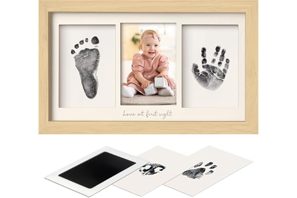 KeaBabies Ensemble d'empreintes de main et de pieds de bébé - Tampon encreur Clean Touch pour bébé nouveau-né, cadre photo avec empreinte de main Fabre (Ash Wood)