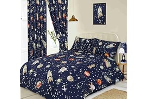Kidz Kollectionz Single Bed Space, Duvet/Quilt Cover Set, Novelty Kids Galaxy Stars Planets Alien Spaceship Moon, Navy Blue Orange Yellow Grey White
