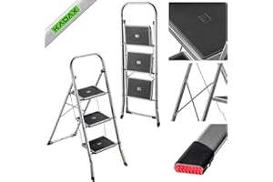 ‎KADAX KADAX Składana drabina ze stali, 3-stopniowa drabina z antypoślizgowymi stopniami, nośność do 150 kg, składana z poręczą