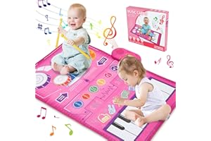 XIAOEVER Kids Piano Mat, Music Piano Mat for Kids, 6 Musical Instruments, Piano Keyboard & Drum Mat with 2 Drum Sticks, Musical Dance Mat Keyboard Musical Carpet Mat, Birthday Gifts for 2 3 4 5 6 Girls Boys