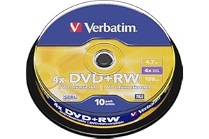 ‎VERBATIM Verbatim DVD-RW 4x4.7GB, 10er Pack Spindel, DVD Rohlinge beschreibbar, 4-fache Brenngeschwindigkeit & Hardcoat Scratch Guard, DVD leer, Rohlinge DVD wiederbeschreibbar, DVD rewritable