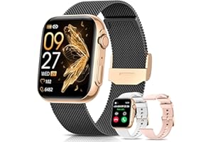 DEKEFIT Reloj Inteligente Mujer con Llamada Bluetooth, 1.85” AMOLED Smartwatch Mujer IP68 con 3 Correas 120+ Modos Deportivos Seguimiento del Periodo Pulsómetro SpO2,Regalo Mujer para iOS Android Negro Oro