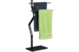 Relaxdays Piantana Portasciugamani, Autoportante con 2 Bracci, Acciaio e MDF, Appendi Asciugamani, 85x43,5x20 cm, Nero, Fibra di Legno