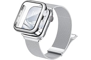 Raradev 3-in-1 Compatible with Apple Watch Metal Straps 46mm with Case & Screen Protector, Dual Magnetic Replacement Band and Protective Cover with 9H Tempered Glass for iWatch Series 10, Silver