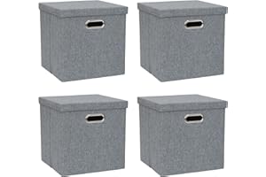 ArcaGuru Storage Bins with Lids, Collapsible Linen Fabric Boxes Organizer Containers with Lid Foldable Storage Box Basket for Closet, Shelves, Home, Office, 28 x 28 x 28 CM, 4 Pack, Dark Gray