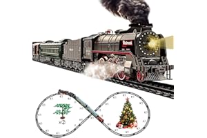 Hitish Train Set for Kids, Electric Train Toys with Realistic Light Sounds Smoke, Christmas Train Model Gifts for Toddlers Boys Girls, Steam Locomotive, Luxury Track & 2 Glowing Passenger Carriages