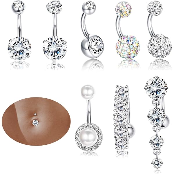 JeryWe 3Pcs Clicker Ombelico Bars Per Le Donne 316L Acciaio Chirurgico Clicker Pancia Anelli Farfalla Fiore CZ Anelli Ombelico Curvo Inverso Pancia Corpo Piercing Gioielli Campanelli 14G Style B