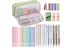 COZCLAM Set de 32 Papelería Estética con Estuche Verde, 12 Resaltadores Pastel, 6 Bolígrafos de Colores, 5 Bolígrafos Negros, 5 Marcapáginas Magnéticos, 3 Notas Adhesivas, Set de Papelería Escolar
