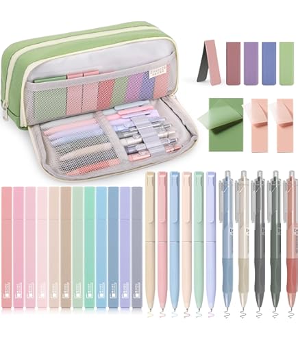 DazSpirit 61 stuks esthetische briefpapierbenodigdheden met etui, 12 pastelmarkeerstiften, 4 uitwisbare pennen, 5 gelpennen, 6 mechanische potloden, schrijfset voor studenten, notities maken en