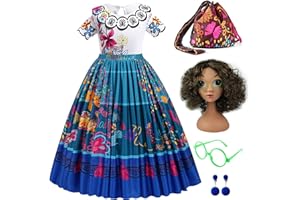 AMTUM Encanto Mirabel Costume isabella encanto dress kids Mirabell Princess Dress Up Fancy Dress With with Bag Glasses Earrings For Cosplay Party Hallowee Carnival Costume Age 3-9 Y