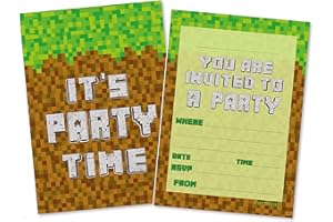 PartiKraft (Pack of 20) Block Building Gamer Inspired Birthday Party Invitations with Green Envelopes