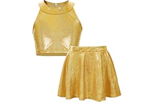 AIEOE Filles Brillant Ensemble de Danse Haut de Danse Sans Manches+Jupe de Danse Hip Hop Jazz Vêtements de Danse 4-13 Ans