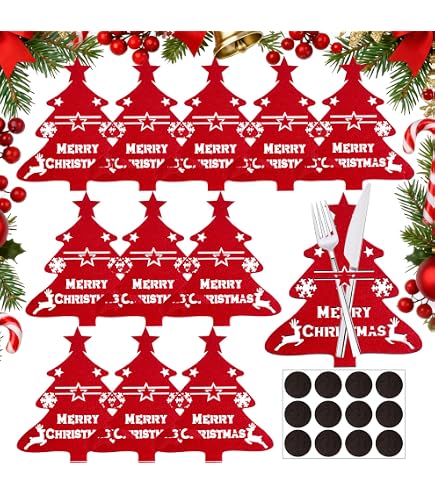 Set De Décoration Table Noël – 6 Porte-couverts + 6 Marqueurs Verres à Vin En Feutre | Motif Père Noël