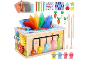 Yulado Montessori Spielzeug ab 1 2 3 Jahr,6-in-1 Tücherbox mit Knistertuch, Motorikwürfel Holzspielzeug,Kinder Holzspielzeug Motorikspielzeug ab 1 Jahr