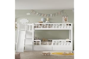 LATICO Kinderbett 90x200 Etagenbett für 2 Kinder, Hausbett Hochbett mit Rutsche und Treppen, 2 Schubladen & 3 Ablagefächer, Holzbett Bettgestell mit Rausfallschutz und Lattenrost, Ohne Matratze, Weiß