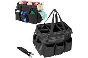 BQKOZFIN Wearable Cleaning Caddy Bag with Detachable Dividers, Cleaning Caddy Organizer with Handles & Shoulder Strap, Cleaning Supplies Tote Bag for Cleaners & Housekeepers, 18x33x26CM (Black)
