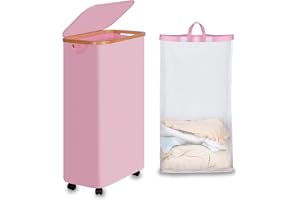 efluky Tvättkorg med rullar, 75 l, vikbar tvättkorg med lock, rosa smal tvättbehållare med bambumönster och avtagbar påse för