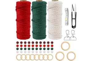 YAKLEE Macrame Kit Macrame Corda 3mm*50m, Tema Natalizio Filo per Macrame con Anelli di Legno Perline di Legno Ganci a S Fibbie a D Righello in Pelle e Tagliafili, Filo per Macramè per Lavoro a Maglia DIY