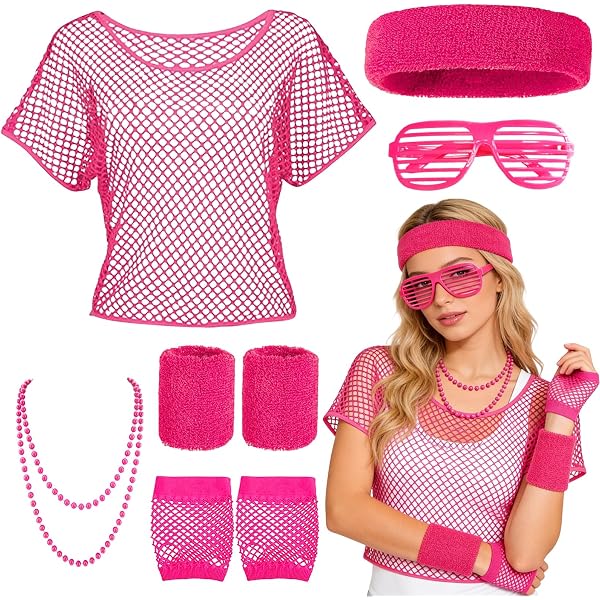 Déguisement Années 80 Pour Filles – Set Néon Rose : Jambières, Bandeau, Bracelets, Accessoire Fête Rétro (6-12 Ans)